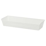 A white KOMPLEMENT mesh storage basket. Its rectangular, made of steel with a powder-coated finish, and has a transparent design for easy visibility.