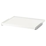 A white KOMPLEMENT pull-out shelf. The shelf is rectangular with a sleek, minimalist design, ideal for wardrobe storage.