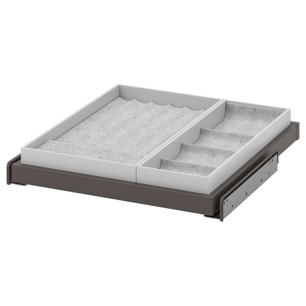 KOMPLEMENT pull-out tray, grey, felt-lined, rectangular, divided compartments.