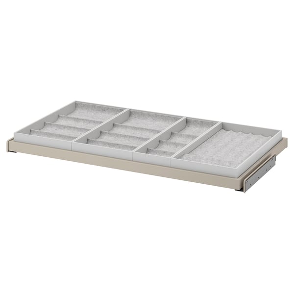 KOMPLEMENT pull-out tray, grey, wood & plastic, rectangular, felt-lined compartments.