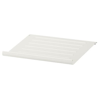 A white KOMPLEMENT metal shoe shelf with a slanted design for easy access and display.