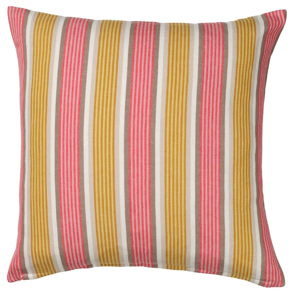 A KORALLBUSKE square cushion cover with beige and red stripes, made of cotton, jute, and viscose, featuring a zip closure.