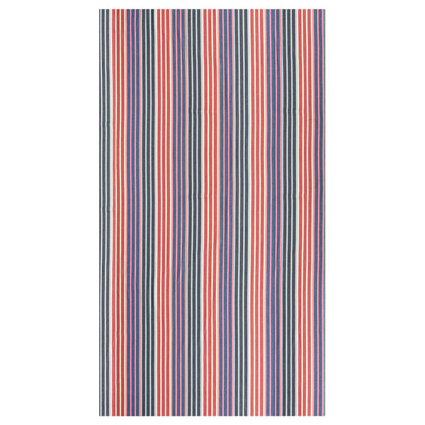 Vertical red, blue, white striped cotton fabric, rectangular.