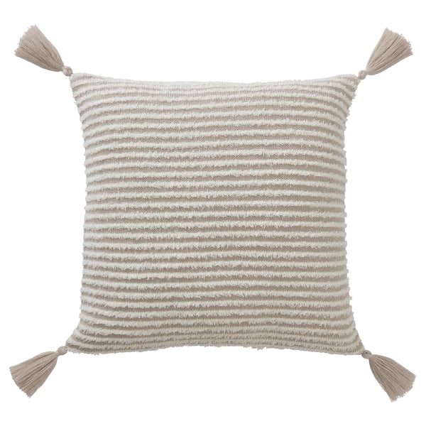 KRYPLJUNG pillow, beige, square, striped, tassels, recycled polyester.