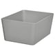 Grey rectangular storage box, empty, smooth plastic surface.