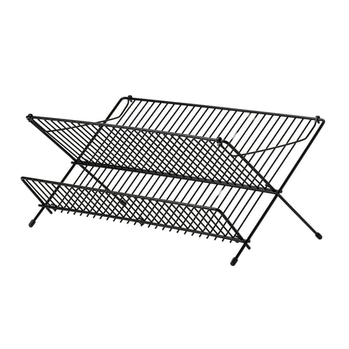 KVOT black wire dish drainer, folds for space saving, three tiers for plates, glasses, bowls.