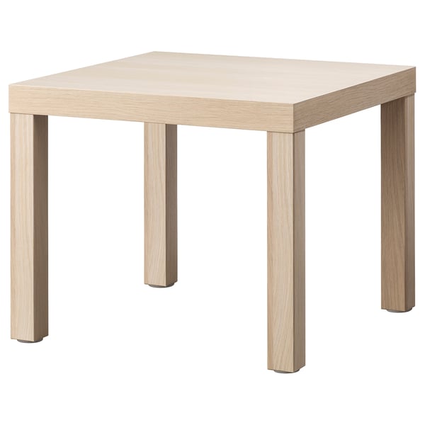 Light oak ikea LACK side table with square top and angular legs.
