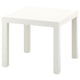 A white ikea LACK side table. It is square-shaped with clean lines and simple design, supported by four cylindrical legs.