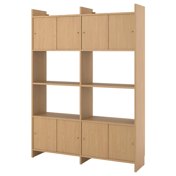 Modern wood bookcase, light beige, rectangular, open shelves, top & bottom cabinets.
