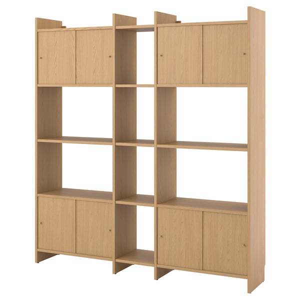 LÅDMAKARE: light wood shelf unit; open & closed shelves; wall-mountable; modern aesthetic.
