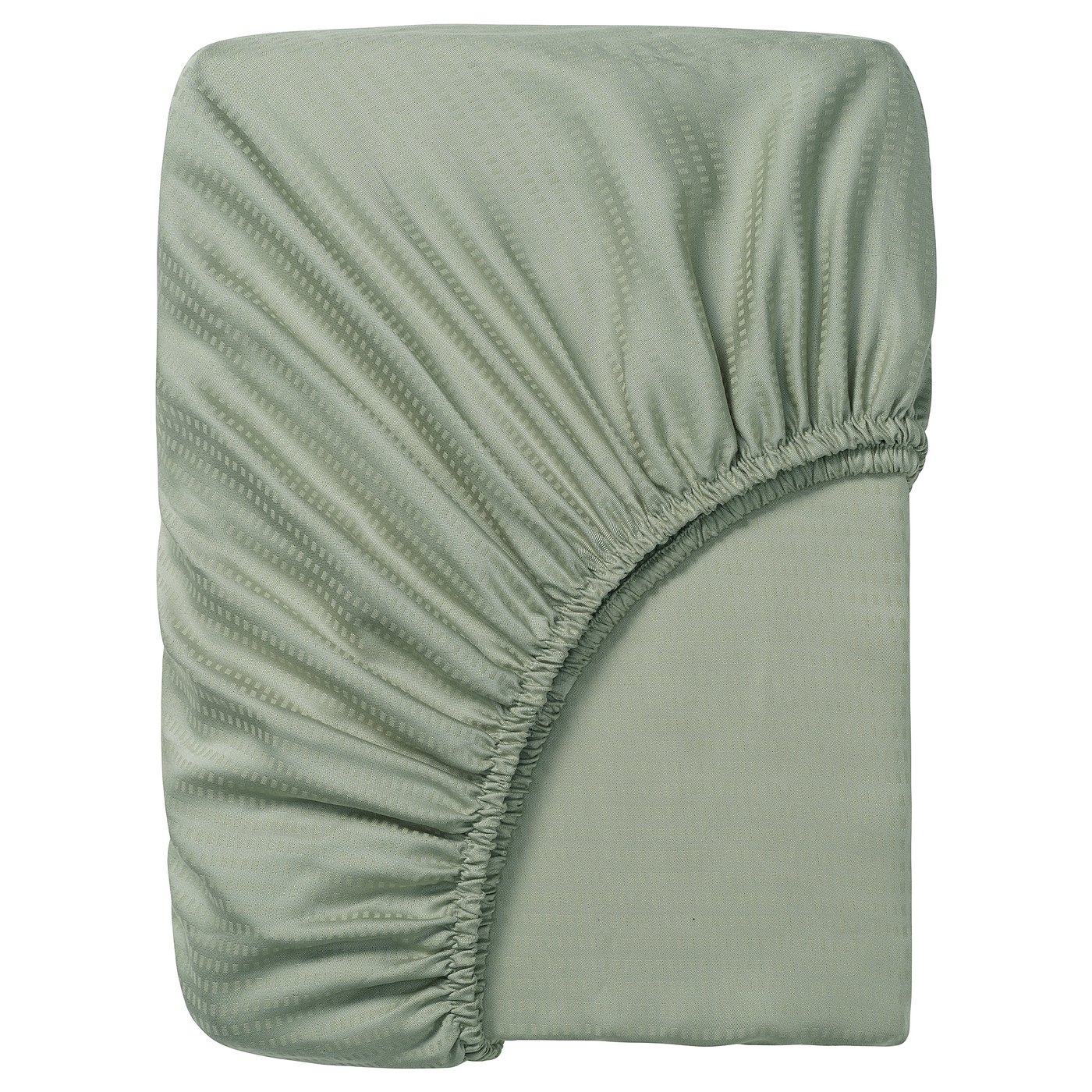 A green LÄKEVÄNDEROT fitted sheet, made of 100% lyocell, with a subtle patterned design, rectangular and fitted for mattresses up to 26 cm thick.
