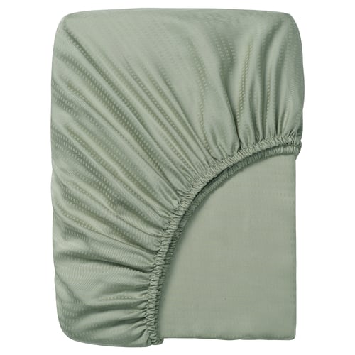 A green LÄKEVÄNDEROT fitted sheet, made of 100% lyocell, with a subtle patterned design, rectangular and fitted for mattresses up to 26 cm thick.