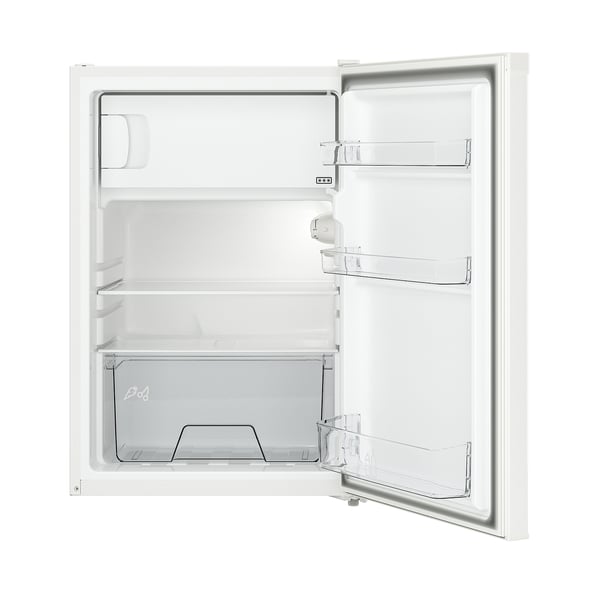 Open white fridge with glass shelves, visible door compartments and vegetable drawers.