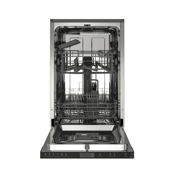 Open stainless steel dishwasher with racks and bottom drawer.