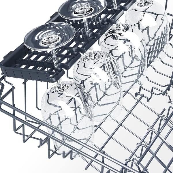 Dishwasher with adjustable upper basket, holding multiple wineglasses securely in place.