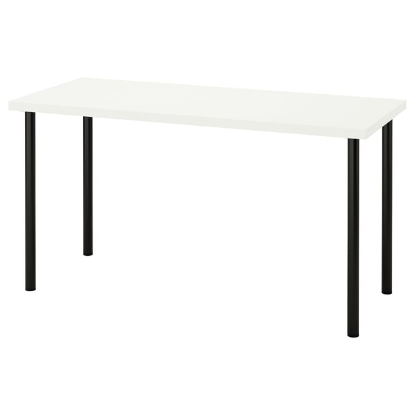 LAGKAPTEN: modern white desk, rectangular shape, four black metal legs. Minimalist, clean design.