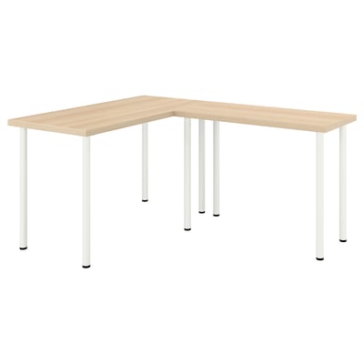 LAGKAPTEN, l-shaped corner desk with light wood top and white metal legs. Modern, minimalist design; ideal for small spaces.