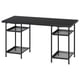 Black rectangular desk with mesh shelves, sturdy metal legs, modern design.