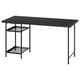 Modern black desk with mesh shelves, rectangular shape.