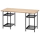 LAGKAPTEN desk, light wood top, black metal legs with mesh shelves.
