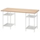 An IKEA LAGKAPTEN desk with a light wood top and white metal legs featuring shelves.
