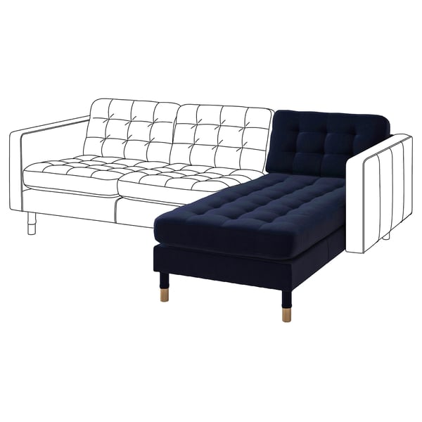 LANDSKRONA sectional sofa, dark blue velvet, oak legs, l-shaped.