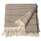 A brown and black striped cotton throw blanket with fringed edges.