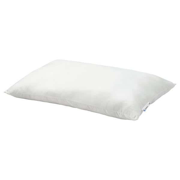A white LAPPTÅTEL pillow, soft with a microfiber cover, rectangular shape, and filled with recycled polyester.