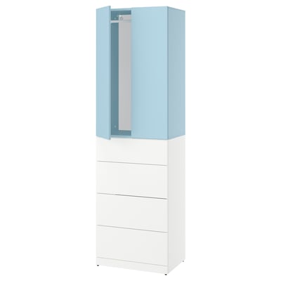 A light blue and white LASTARE wardrobe with drawers. It has a modern, minimalist design with sleek lines and a mix of open and closed storage.