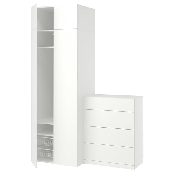 LASTARE white storage set includes: tall cabinet with shelves, shorter cabinet with drawers, sleek minimalist design, ideal for organising.