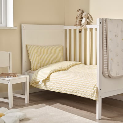 LEN Duvet cover 1 pillowcase for cot, white yellow/stripe pattern seersucker, 110x125/35x55 cm