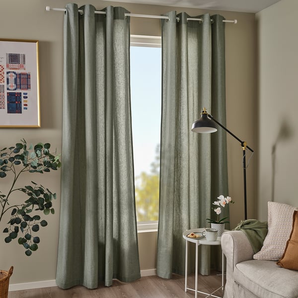 LENDA Curtains with tie-backs, 1 pair, light grey-green/with eyelets, 140x250 cm