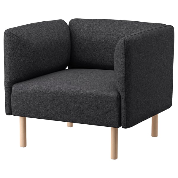 Black LILLEHEM armchair, modern and boxy design, upholstered in fabric, four wooden legs.