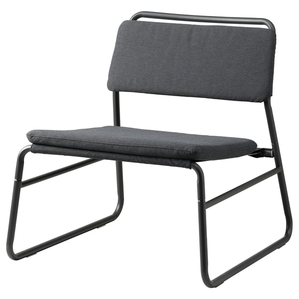 LINNEBÄCK grey chair: sleek design, dark grey fabric, metal frame, curved lines, comfortable seat.