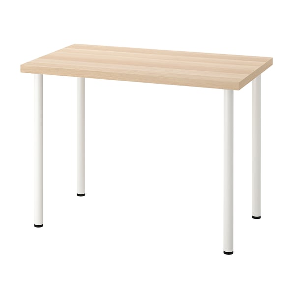 Is of a LINNMON table. It is rectangular with a light wood top and white metal legs. Modern and minimalist design, perfect for any room.