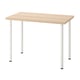 Is of a LINNMON table. It is rectangular with a light wood top and white metal legs. Modern and minimalist design, perfect for any room.
