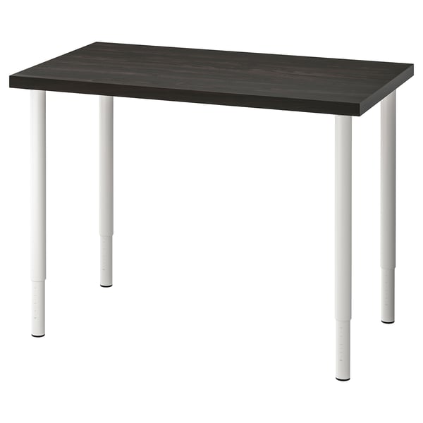Rectangular black desk with white adjustable legs. Modern, minimalist design. LINNMON brand. Adjustable and sturdy.