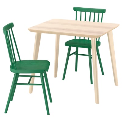 LISABO dining set: light wood table, green chairs with curved backs and seats.