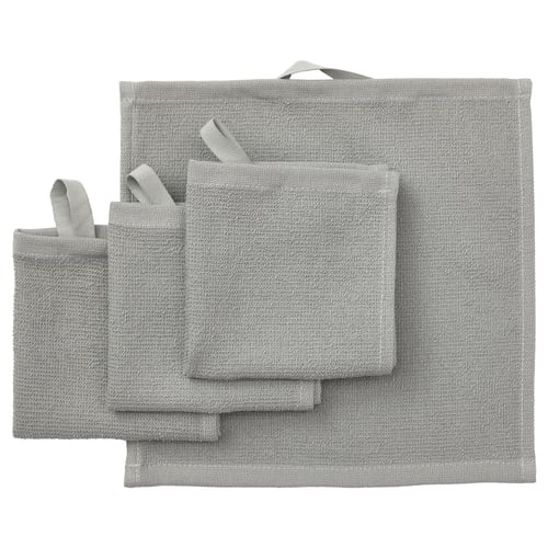 LUDDVIAL grey cotton towel set, rectangular with hanging tabs, lightweight, quick drying.
