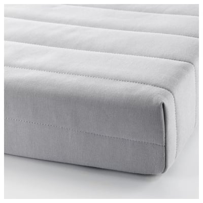 Close-up of a grey mattress with clean stitching, showcasing its firm and comfortable design.