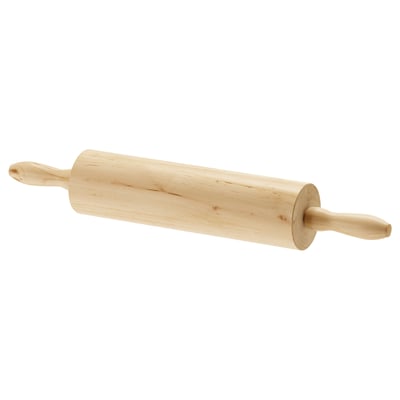 Wooden rolling pin with handles, light brown, cylindrical body, tapered ends.