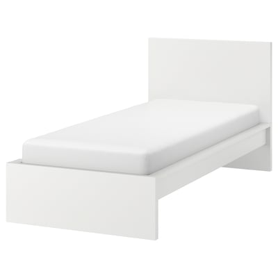 White MALM bedframe with high headboard and adjustable sides.