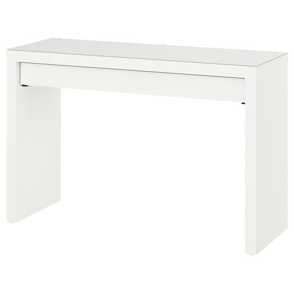 Modern white console table, minimalist design, rectangular glass top, clean lines.