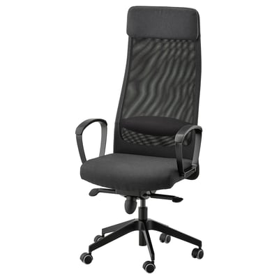 Black ergonomic office chair with mesh back and armrests, five wheels, and adjustable.