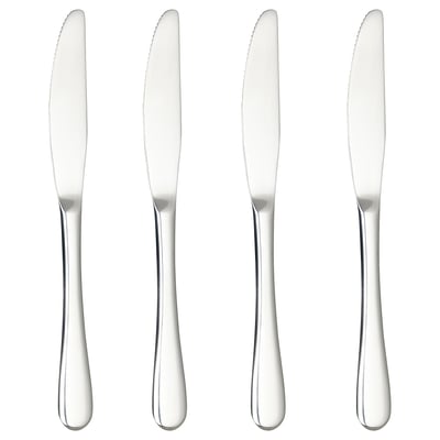 Four silver stainless steel knives in a row, sleek and modern design.