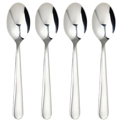 Four shiny silver teaspoons, shaped and designed for tea, straight handles and bowl tips, aligned together.