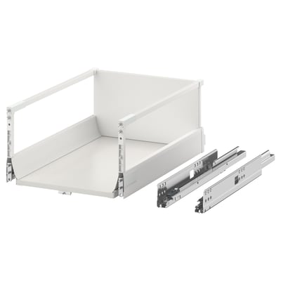 A MAXIMERA white drawer set with metal runners in a horizontal layout, depicting the drawer and its components.