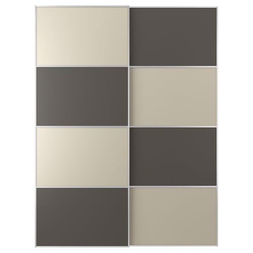 A set of beige and dark grey sliding doors, arranged in a grid pattern. The doors have a modern, minimalist design with a smooth finish.
