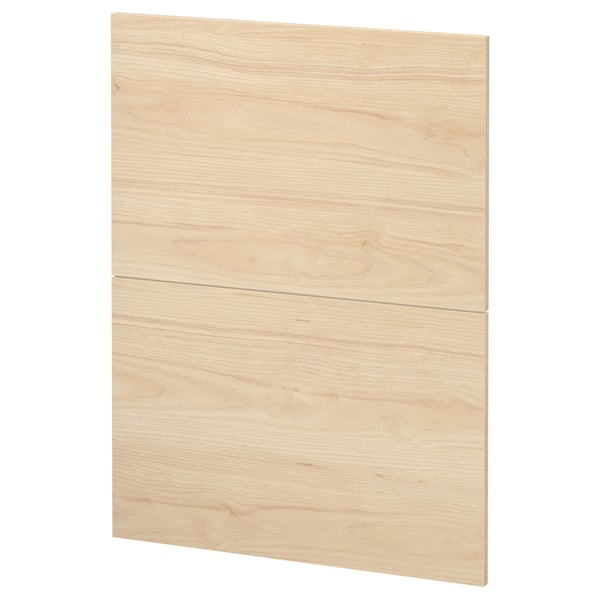 Light ash wood-patterned kitchen cabinet door, square, with smooth, flat surface.