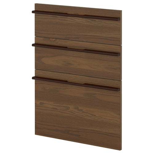 Dark brown wooden kitchen cabinet panel with three horizontal handles.